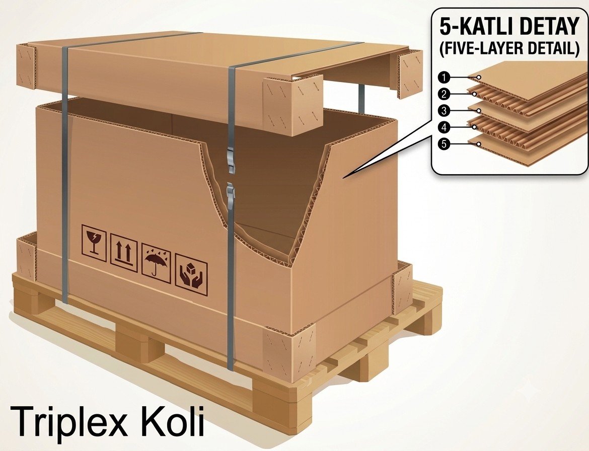 Palet üzerinde triplex koli ve beş katlı çift oluklu yapı detayı
